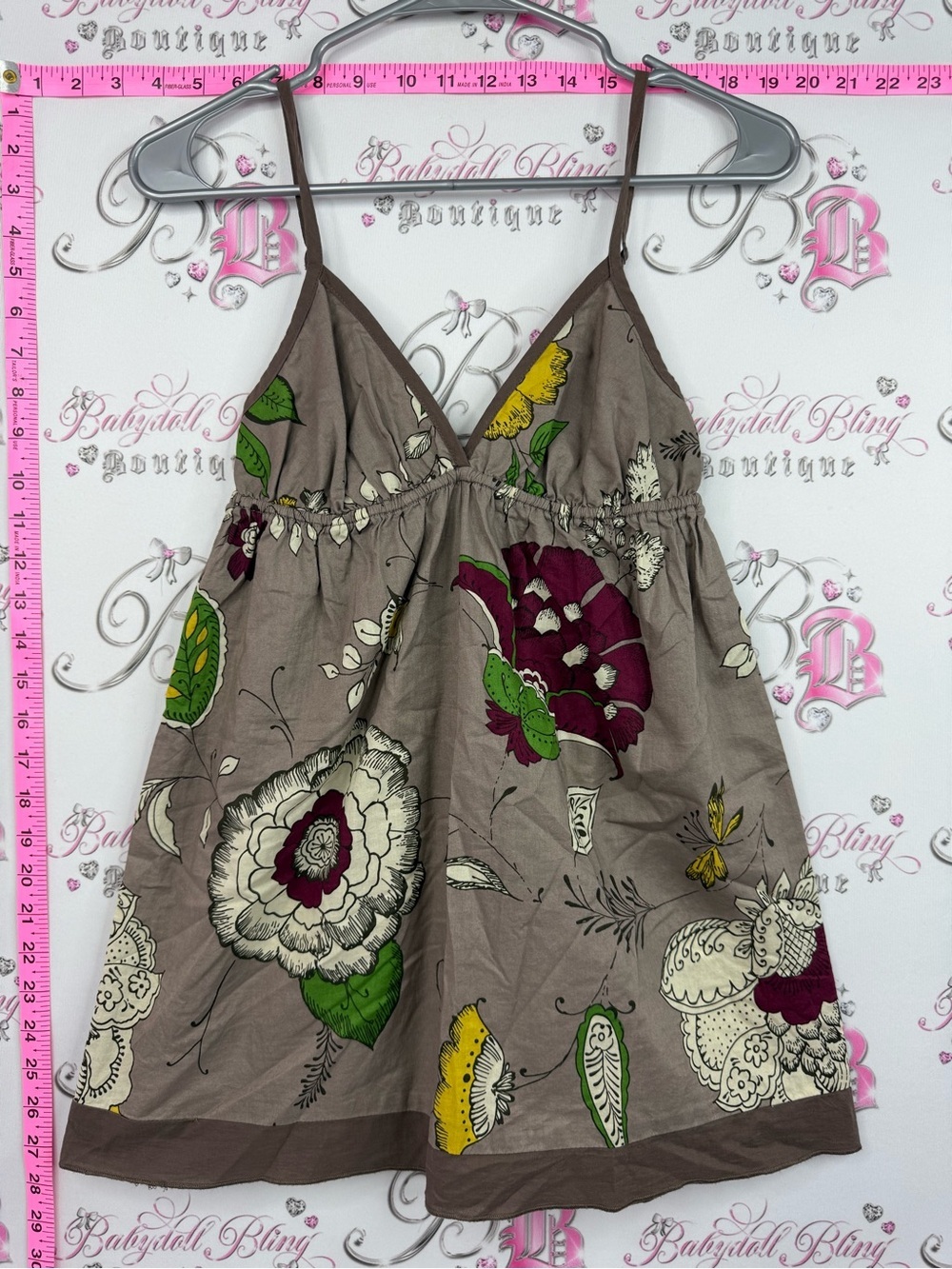 Bluenotes y2k Taupe Floral Spaghetti Strap Tank with Burgundy & Green Accents